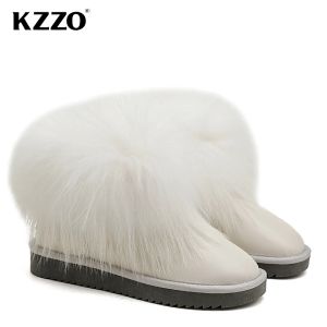 Sandalen Kzzo Modestil natürlicher echter Fuchsfell Frauen Schneeschuhe echte Leder Wolle gefüttertes Knöchel Winter warmer Schuhe wasserdicht weiß