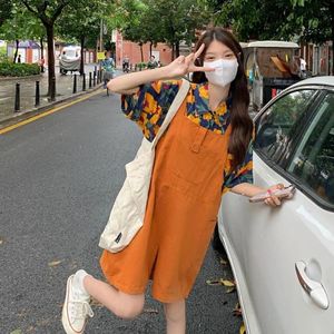 Kvinnors shorts hög midja gula overaller söta kawaii harajuku japanska denim jumpsuit byxor kläder tonårsstudent flicka