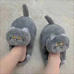 Boots 2022 Cute British Shorthair Cat Slippers For Women Men Who Loves Kitty Indoor Fluffy Plush Home Shoes Fur Slides Mules Slippers