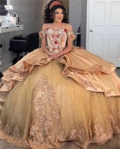 Сексуальное золотое атласное атлас с плечами платья Quinceanera vestidos de 15 Anos Beads Applique Sweet 16 -летняя девушка для выпускного платья для девочек.