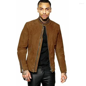 Men's Jackets Men Real Lambskin Suede Leather Biker Motorcycle Brown Slim Coat