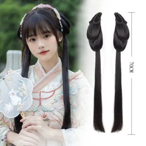 Chignon as hanfu peruca bandana feminino estilo chinês pedaço de cabelo sintético modelagem antiga cos almofada acessórios para o cabelo cocar preto