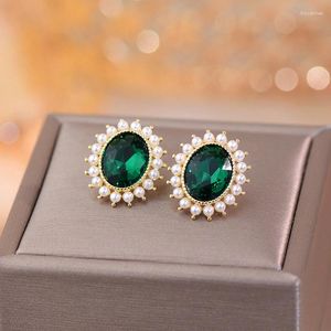 Stud Küpe Modaya uygun 14K Altın Kaplama İnci Oval Emerald Kristal Kadınlar Kız Fransız Tarzı Takı S925 Gümüş İğne