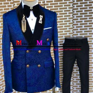 Anzüge Kostüm Homme Mariage 2023 Royal Blue Jacquard Bräutigam Hochzeitsanzug schlanker Anzug für Männer 3 PCs Blazer Weste Pant Hochzeitsanzüge für Männer