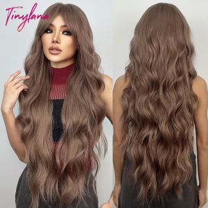 Super Long Curly Wavy Brown Synthetic Wigs with Bangs Cosplay Party Halloween Natural Afro Hair for White Women Heat Resistant 240305