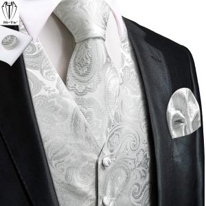Vests Hitie White Silver Paisley Silk Mens Vest Tie Set Jacquard Waistcoat ärmlös jacka slips Hanky ​​Cufflinks Wedding Business Business