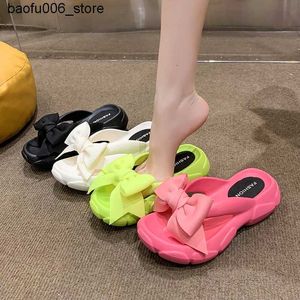 Slippers Fashionable Bow Platform Flip for Womens 2023 Summer Beach Anti Slip Wedge Slide for Womens Thick Sole Clip Toe Slide Sandals Q240318