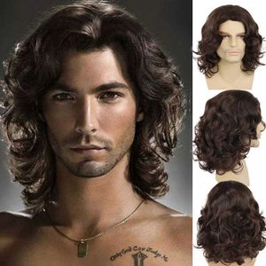 Synthetic Wigs Curl Male Synthetic Short Wigs for Men Brown Wig Curly Hairstyle 70s 80s Costume Wig Disco Party Halloween Wig for Man Joker Wig 240318