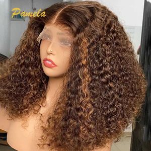 合成ウィッグハイライトブロンド13x6巻き毛のトランコレットレースフロントウィッグ女性250％密度密度curly人間の髪の毛む