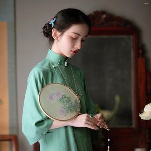 Этническая одежда в китайском стиле, пластинчатая пуговица, перевернутая, с большим рукавом, плоский крой, цельный старинный свободный Cheongsam, молодое повседневное платье Ципао