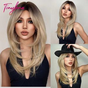 Synthetic Wigs Long Blonde Golden Straight Synthetic Wigs for Women Mid-Length Natural Layered Hair Wig Side Bangs Daily Cosplay Heat Resistant 240328 240327