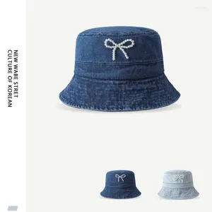 Berets Japanese Ins Sweet Cute Pearl Bow Fisherman Hat Women Shopping Retro Casual Denim Basin Travel Outdoor Sun Bucket