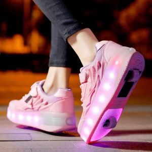 Schuhe LED Light Ladetable Kids 2 Räder Skates Schuhe Schuhe Roller Outdoor Sneaker Abnehmbare Skating Boys Mädchen 2 Reihen weiße Geschenkrutschen