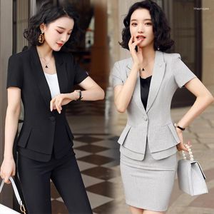 Women's Two Piece Pants 2024 Summer Business Attire Short Sleeve Suit Dress Korean Style White Collar Ruffled Commuter Work Clo