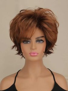 Synthetic Wigs Short Dark Brown Mixed Blonde Highlight Pixie Cut Wigs with Bangs Synthetic Layered Wigs for Women Natural Hair Replacement Wigs 240328 240327