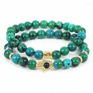 Filo 2 pezzi di fenice naturale verde oro perline di pietra rotonde braccialetto da uomo con perline fascino mano di Hamsa da donna
