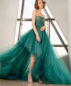 Einzigartiges grünes Abendkleid 2024, trägerlos, asymmetrisch, plissiert, Tüll, für Damen, formelles Abschlussball-Geburtstagskleid, Robe De Soiree