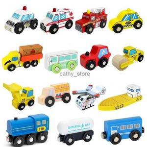 Modellini di auto in legno treno giocattoli camion dei pompieri auto della polizia ambulanza compatibile Thomas treno pista giocattoli in legno per bambiniL2403