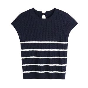 2023夏の新しい縞模様のツイストクルーネックポニー刺繍セーターノースリーブトップ女性カジュアル