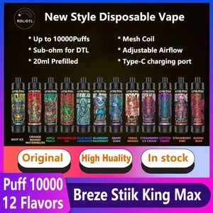 Breze Stiik Puff 10000 Vapes Ondossable Puff 10k King Max 10000 Puffs Vaper E Сигарета 20 мл катушки Sub-hom Сетка катушка dtl vape Направление воздушного потока