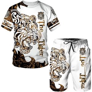 Verão masculino 3d tigre impressão camiseta terno casual roupas esportivas streetwear masculino roupas de treino shorts 2 peças