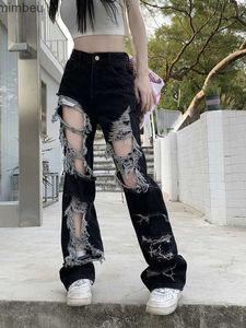 Damenjeans Zoki Hip Hop Loch Jeans Frauen Y2K Streetwear Harajuku Hollow Out Denim Hose American Retro Hohe Taille Weibliche Gerade HoseC24318