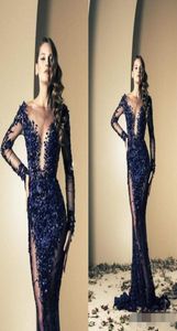 Ziad Nakad 2019 Celebrity Dresses Mermaid Royal Blue Bling Sequins See Through With Long Sleeve Sweep Train Evening Gowns Long Pro1988726