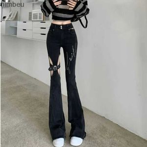 Damen Jeans Mode Hohl Hohe Taille Jeans für Frauen Frühling Sommer 2023 Sexy Slim Flare Hosen Casual Streetwear Print Schwarz Zerrissene JeansC24318