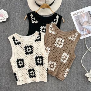 Tops Chic Hollow Crochet kolsuz tank üst boho tatlı baskı seksi Kore moda gömlek kadın y2k mahsul üst yüksek bel yaz camis