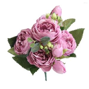 Decorative Flowers Flower Bouquet 5 Heads Artificial Rose Buds Wedding Plastic Silk Cloth Fake Pink