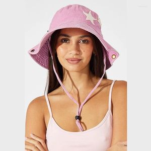 Berets Pink Foldable Fisherman Hat Women Retro Big Brim Hats Summer Outdoor Y2K Punk Stars Bucket Caps Fashion Casual Sun Protection