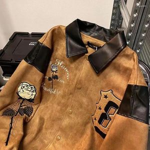 Men's Jackets Retro Rose Embroidered Leather Baseball Jacket Spring And Autumn Design Harajuku Niche Hip-hop Street Loose Pilot Lapel