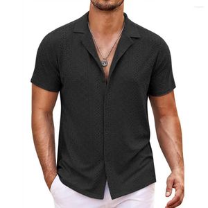 Men's Casual Shirts Solid Color Summer Shirt Men Loose Fit Beach Stylish Hollow Out With Turn-down Collar Short