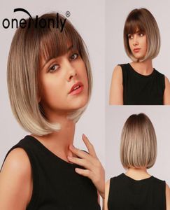 OneNonly Short Bobo Wig Ombre Bronde Blonde Gray Synthetic Wigs Bangs Cosplay女性のための自然な毎日の髪耐火性527676313623