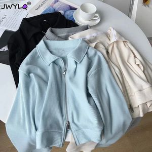 S-3xl Simple Polo Collar Chic Double Zipper Cropped Top Coat All-match Loose Cardigan Sweatshirts Fashion Clothes For Women 240318