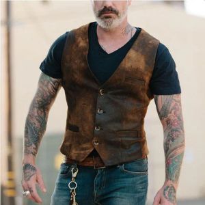 Gilet da uomo in pelle di mucca retrò gilet Steampunk gilet stile cowboy occidentale SXXXL