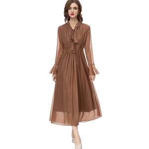Women's Runway Dresses Lace Up Bow Collar Long Sleeves Elegant Folds High Street Fashion Casual Vestidos