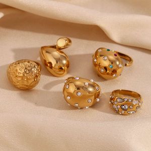 Horse Eye Heart Zircon Dome Rhinestone Drop Hammering Pattern Asymmetric Large Water Droplet Head Ring 5pc set