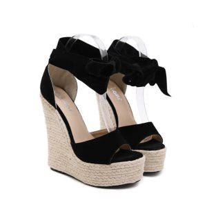 Sandals Women Summer Black Open Toe Ankle Straps Sandals 2023 New Fashion Platform Super High Heel Wedge Shoes Bowtie Dress Shoe Big 42