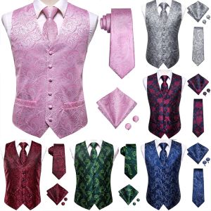 Vests HiTie Pink Green Paisley Silk Dress Vest Set For Men Dark Blue Jacquard Mens Suit Vest Male Waistcoat For Wedding Formal Jacket