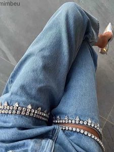 Jeans femininos moda na moda rhine tecido azul angustiado relaxamento de cintura alta calças largas primavera 2024 oco para fora jeans femininoc24318