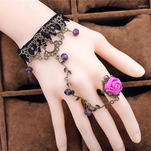 Link pulseiras retro flor videira cristal lolita pulseira de renda conectada rosa anel de dedo para mulheres jóias góticas