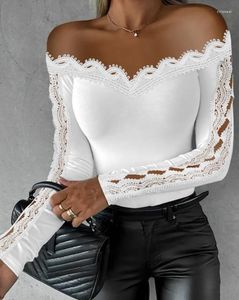 Women's T Shirts Off Shoulder T-Shirt 2024 Early Spring Latest Casual Women Top Long Sleeve Hollow Out Lace Simple Tight Daily Pullover
