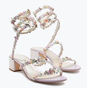 Elegant Brand Rene Caovilla Floral Sandals Shoes Women Flowers Bouquet Strappy Spiral Wraps High Heels Party Wedding Lady Sandalias EU35-43