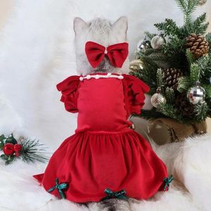 猫の衣装1セットペットドレスの服クリスマスドッグ弓ヘッドドレスプリンセス用品付きエレガントな赤いスカート