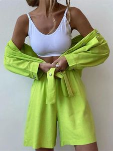 Dostyki damskie Solid Bawełniane lniane klapy luźne koszuli sorty dla kobiet guziki elastyczne talię wysokiej talii garnitury 2024 elegancka letnia dama