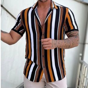 Verão camisa masculina moda listrado impressão manga curta blusa turn down colarinho botão oversized roupas casuais 240307