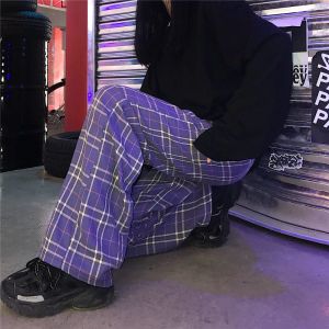 Pantolon Vintage Mor Ekose Pantolon Sonbahar Kış Uzunluğu Pantolon Kadın Adam Jogger Pantolon Hip Hop Kontrast Dama Tahtası Harajuku