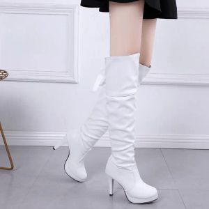 Boots Black Long Very High Heel Women's Boots Winter Knee Shaft Shoes for Woman Platform White Footwear Spring 2023 Hot Demiseason Pu