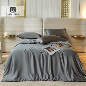 Lanlika Summer Dark Grey 100% Silk Däcke Cover Pillow Case Bed Sheet Quilt Set Bedding Linen King Queen Fited 240312
